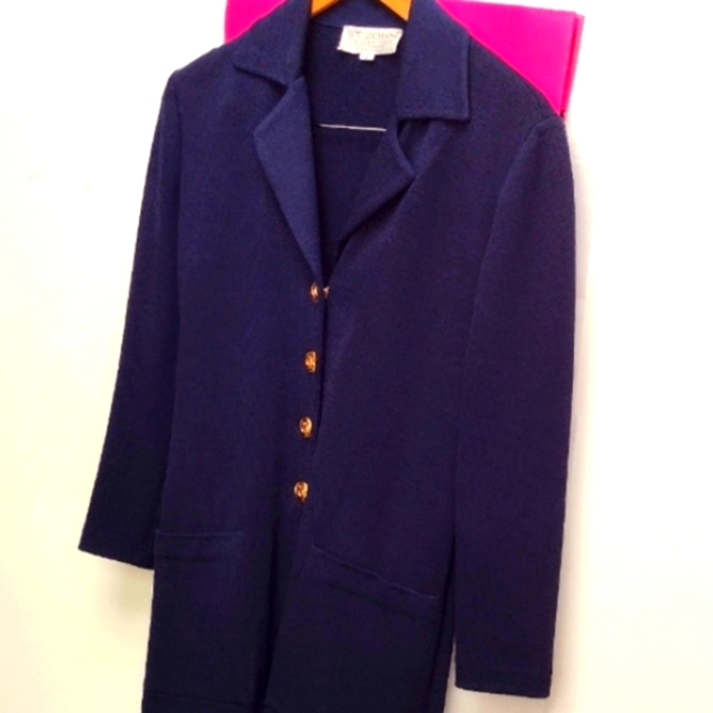 ST. JOHN Timeless Elegance Navy Blue Boucle Topper Coat Gold Clasp HW Classics - Picture 4 of 12